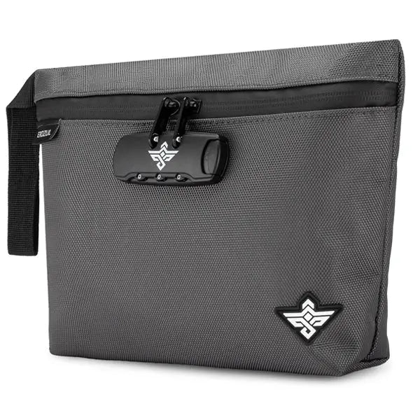 The Erozul Orion Smell Proof Bag With Combination Lock 11 is a gray, rectangular textured bag featuring a front zipper, black strap, two logos, and a secure lock for discreet carrying.